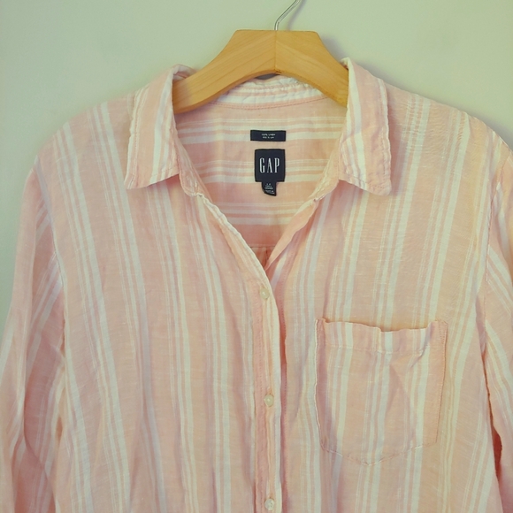 GAP Linen Boyfriend Shirt Pink Stripe Long Sleeve Tall Size Large - Picture 7 of 12